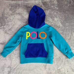 Polo Ralph Lauren Hoodie Kids 6 Teal Blue Multi Color Graphic Fleece Pullover